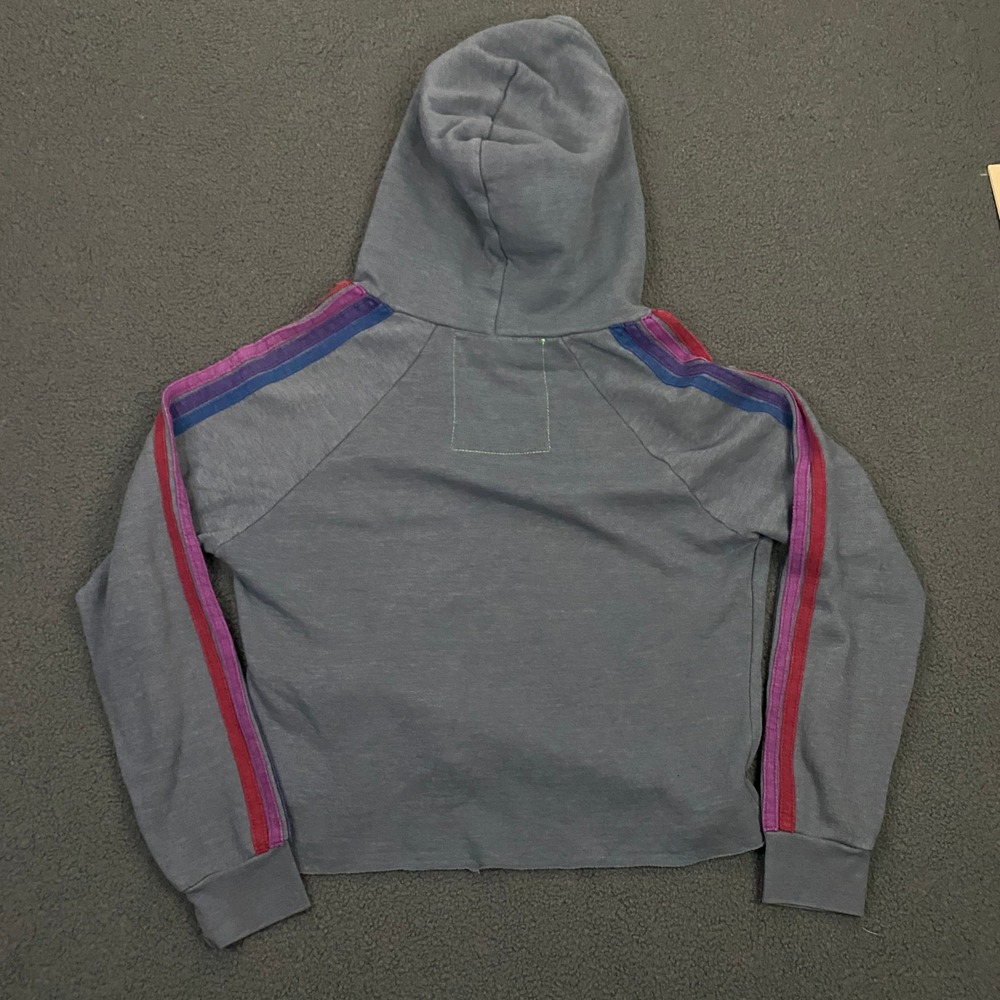 Aviator Nation Hoodie Womens Large Gray Split Neck Cropped Striped Fleece Logo - Picture 5 of 9